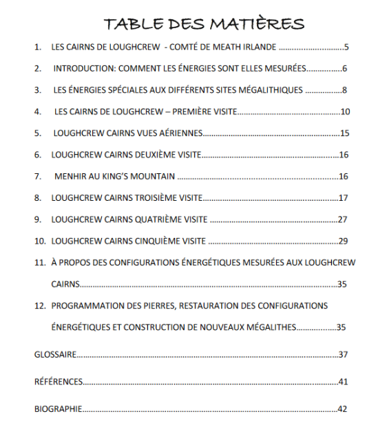 Table des matières livre Revelation des connaissances du megalithique aux Loughcrew Cairns en  Irlande - mesurer avec antenne Lecher