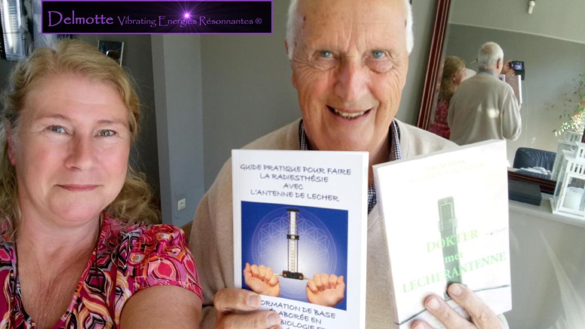 Anne-Marie Delmotte with Dr. Driscart exchanging books and knowledge about their Lecher antenna work and research - exchange des livres et informations sur leur travail et recherches avec l'antenne de Lecher